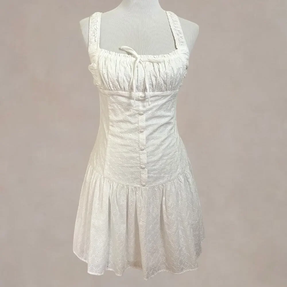 NEW All in Favor White Eyelet Mini Dress Cottagecore Milkmaid Dress Medium - Picture 1 of 10